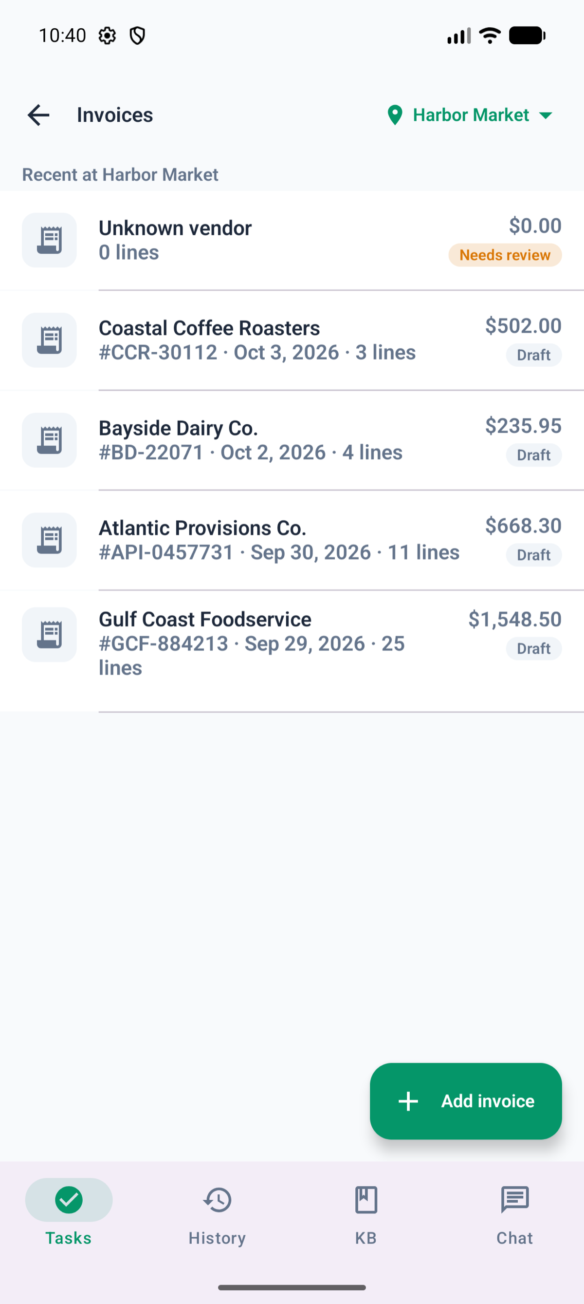 The Invoices list on Android for Harbor Market: an Unknown vendor draft marked Needs review, then Coastal Coffee Roasters, Bayside Dairy Co., Atlantic Provisions Co. and Gulf Coast Foodservice drafts with their totals