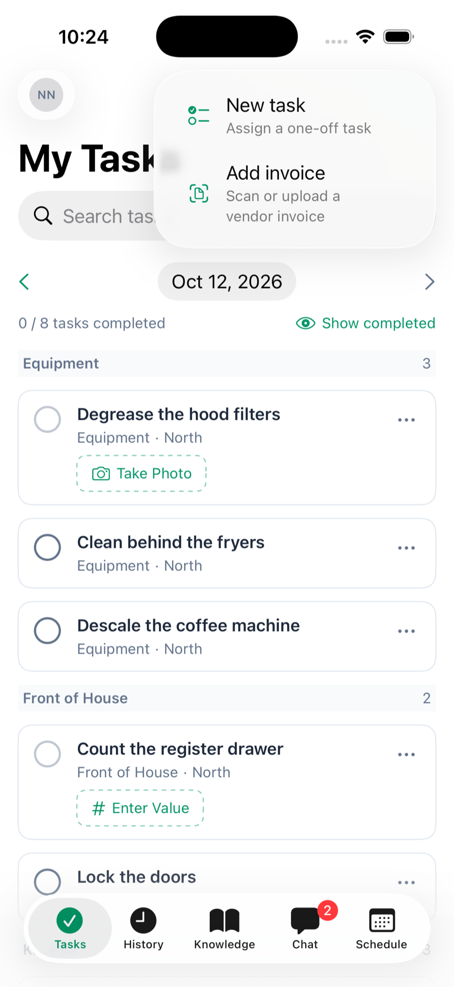 The + menu on My Tasks on iPhone: New task, Assign a one-off task, and Add invoice, Scan or upload a vendor invoice