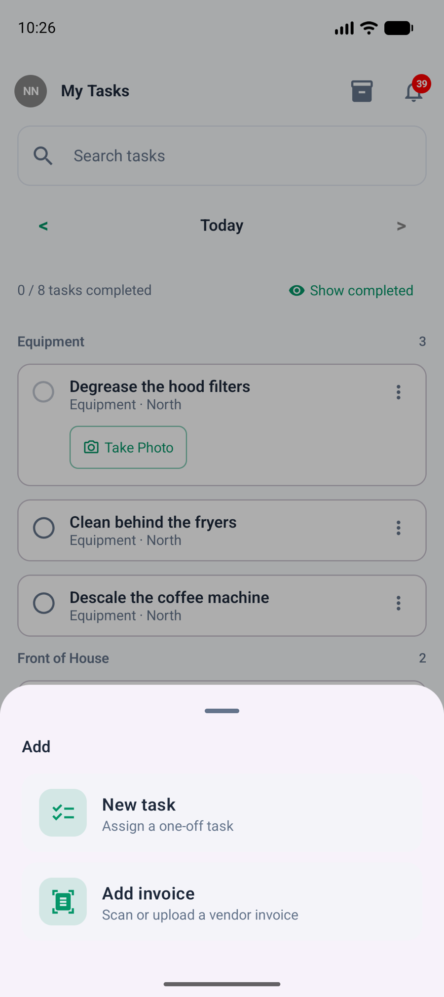 The Add sheet on Android after tapping + on My Tasks: New task, Assign a one-off task, and Add invoice, Scan or upload a vendor invoice