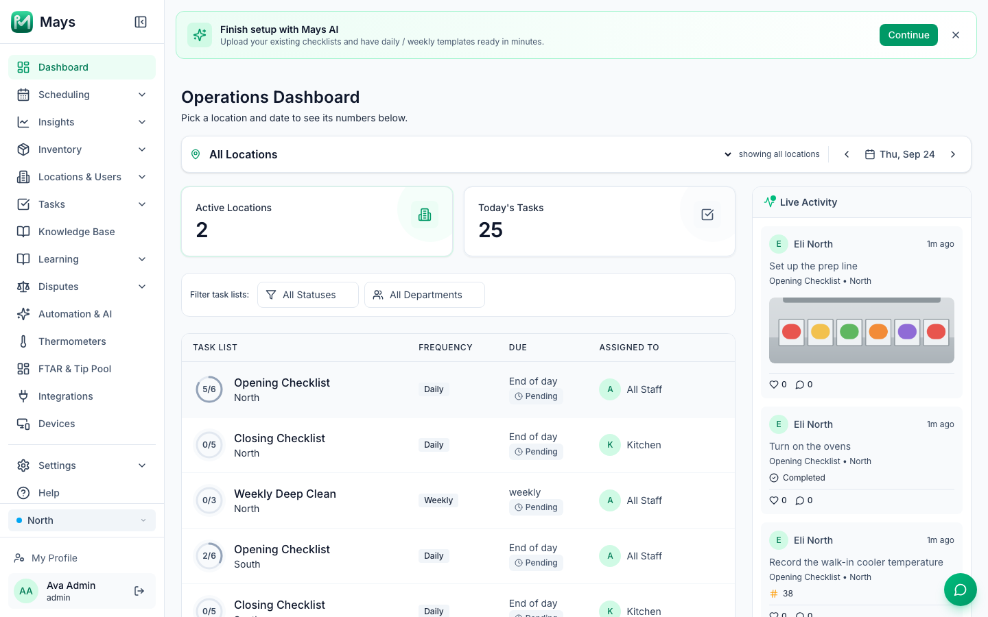 The Operations Dashboard: the Finish setup with Mays AI banner, the location and date bar, the Active Locations and Today's Tasks cards, the checklist table with progress rings and the columns Task List, Frequency, Due and Assigned To, and the Live Activity feed with a photo on the right