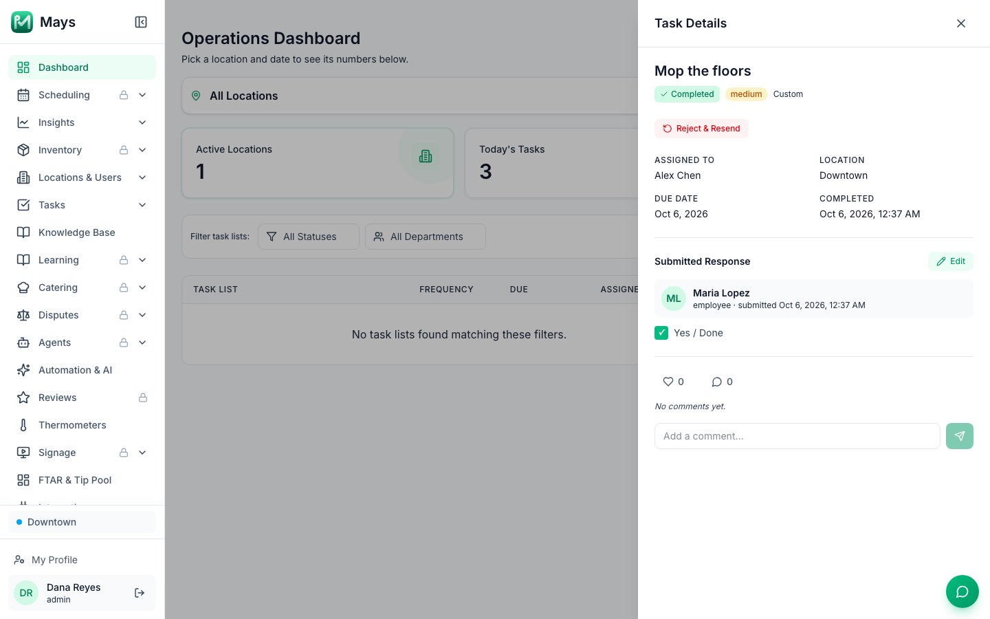 Task Details opened from Live Activity: Mop the floors, assigned to Alex Chen, with Maria Lopez's submitted response, the like and comment buttons, the comment box and Reject & Resend